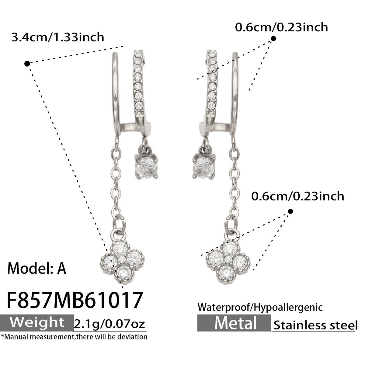 F857 Model A steel-tone stainless steel clover CZ drop earrings with size specifications