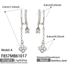 F857 Model A steel-tone stainless steel clover CZ drop earrings with size specifications