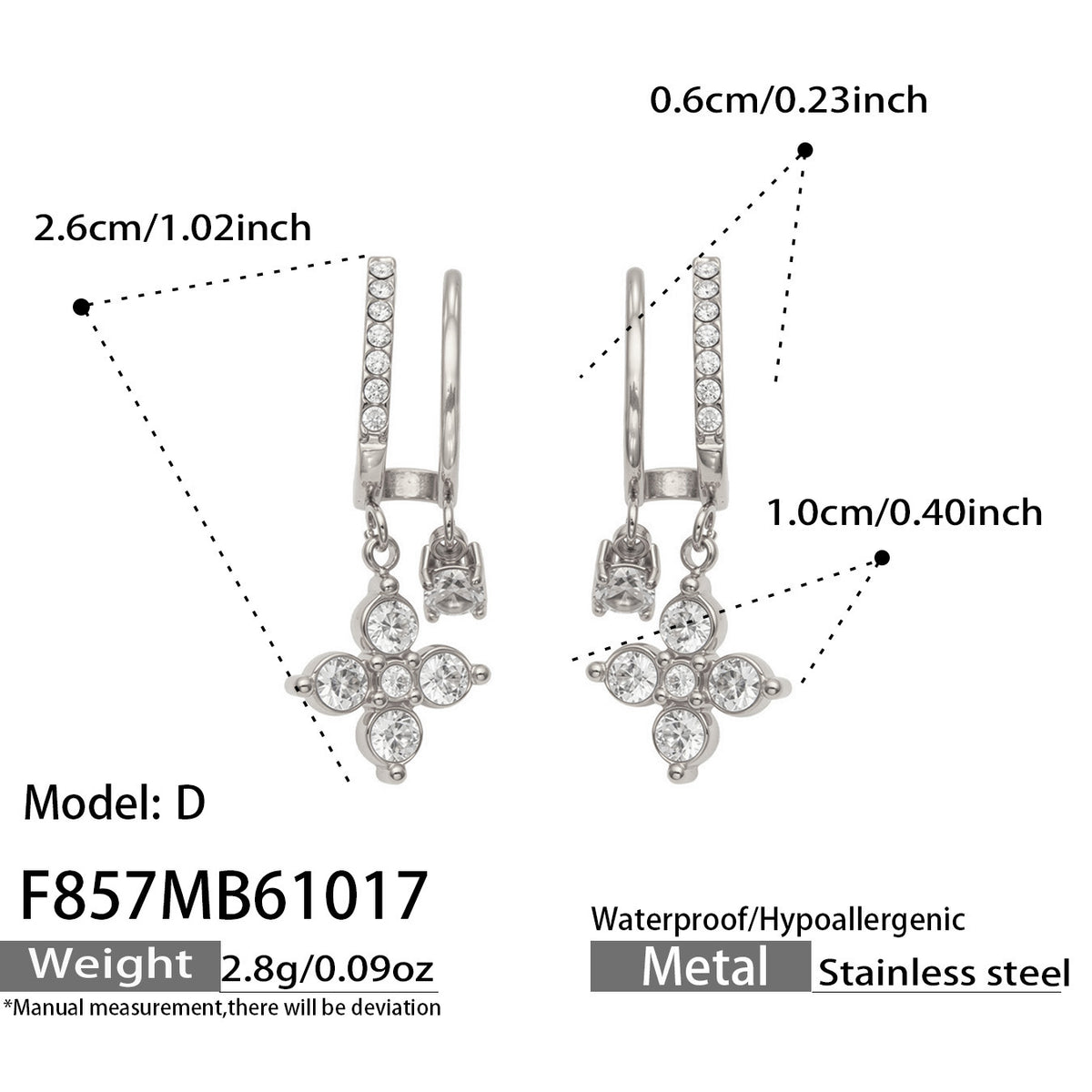 F857 Model D steel-tone stainless steel flower CZ drop earrings with size specifications