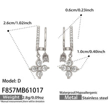 F857 Model D steel-tone stainless steel flower CZ drop earrings with size specifications