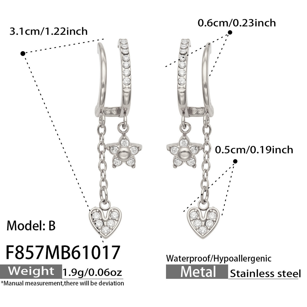 F857 Model B steel-tone stainless steel heart CZ drop earrings with size specifications