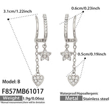 F857 Model B steel-tone stainless steel heart CZ drop earrings with size specifications