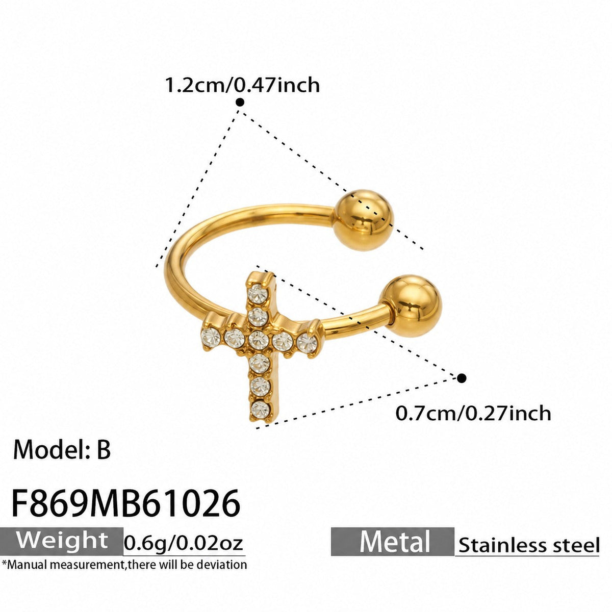 F869 Model B gold-tone cross ear cuff measurement diagram showing its open band and cross motif dimensions.