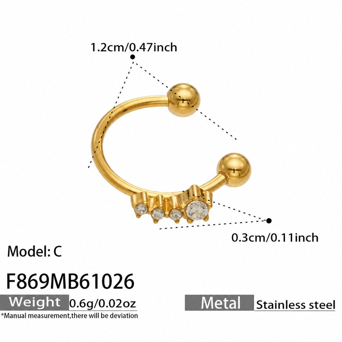 F869 Model C gold-tone graduated-stone ear cuff size chart showing its open band and decorative stone section.