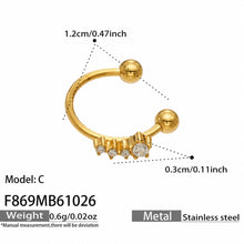 F869 Model C gold-tone graduated-stone ear cuff size chart showing its open band and decorative stone section.