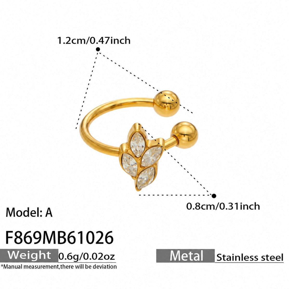 F869 Model A gold-tone leaf zircon ear cuff measurement graphic showing its band and leaf motif dimensions.