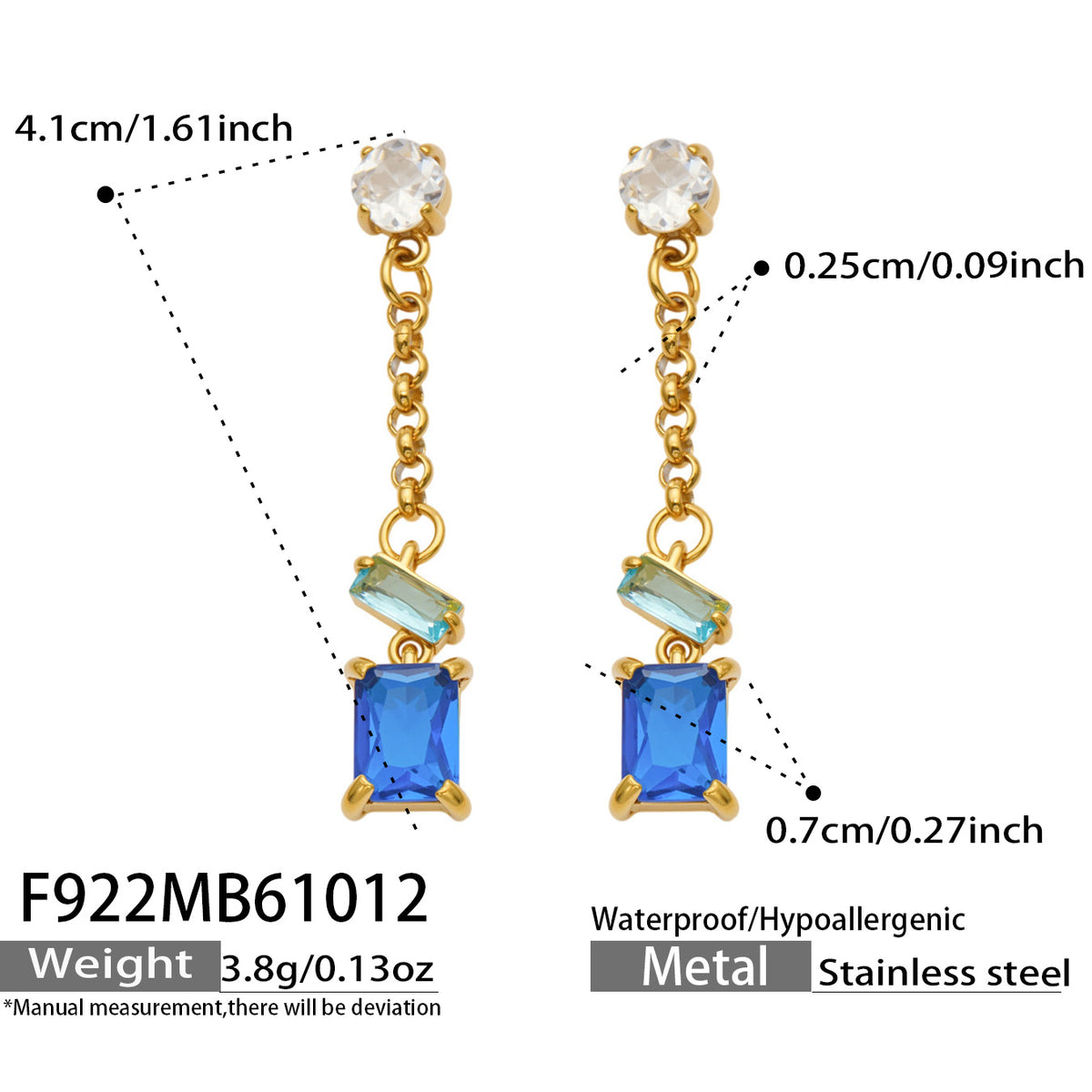 Blue zircon drop earrings with product measurements and gold-tone geometric linked drop construction