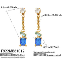 Blue zircon drop earrings with product measurements and gold-tone geometric linked drop construction