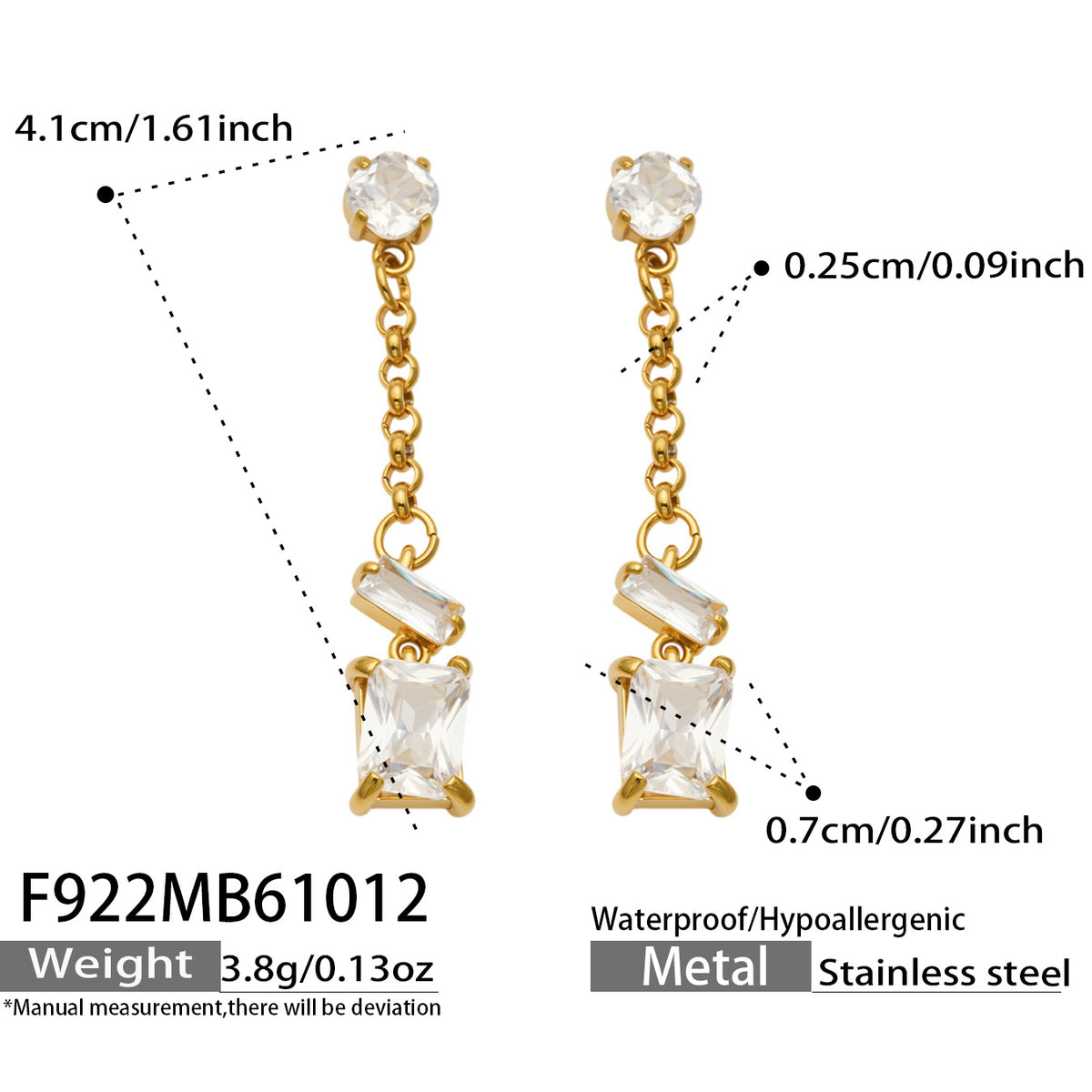 Clear zircon drop earrings with product dimensions showing approximately 4.1 cm length and rectangular stone detail