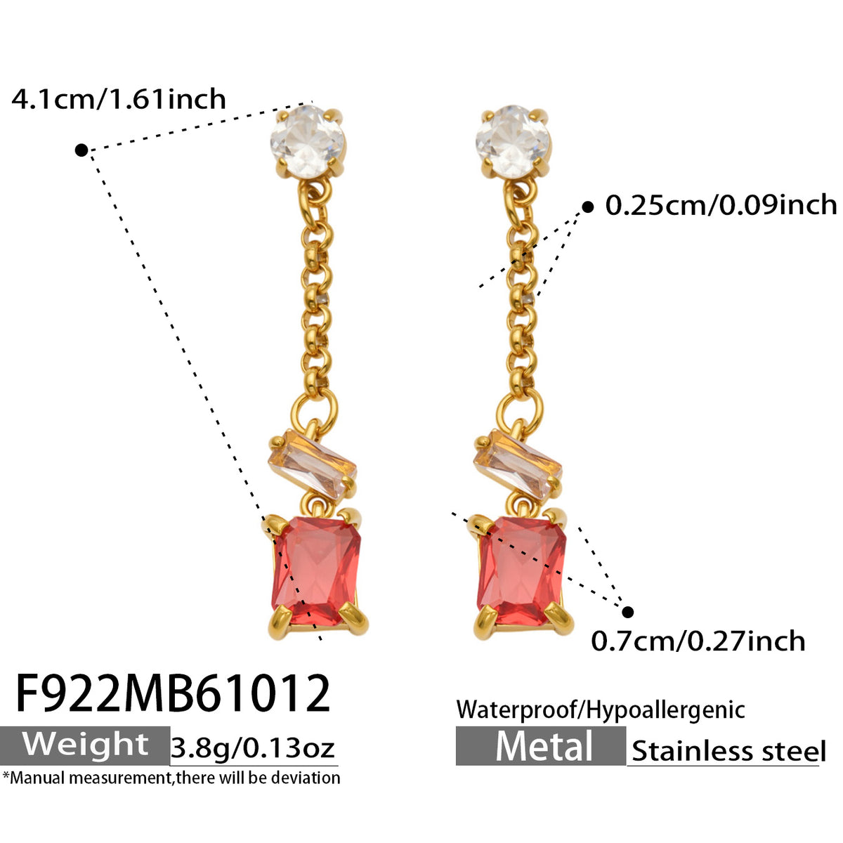 Red zircon drop earrings with dimension reference showing the long geometric dangle design and rectangular stone