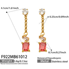 Red zircon drop earrings with dimension reference showing the long geometric dangle design and rectangular stone