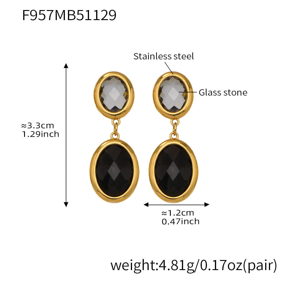 316L stainless steel oval faceted glass drop earrings 18k pvd gold black