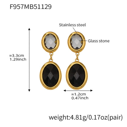 316L stainless steel oval faceted glass drop earrings 18k pvd gold black