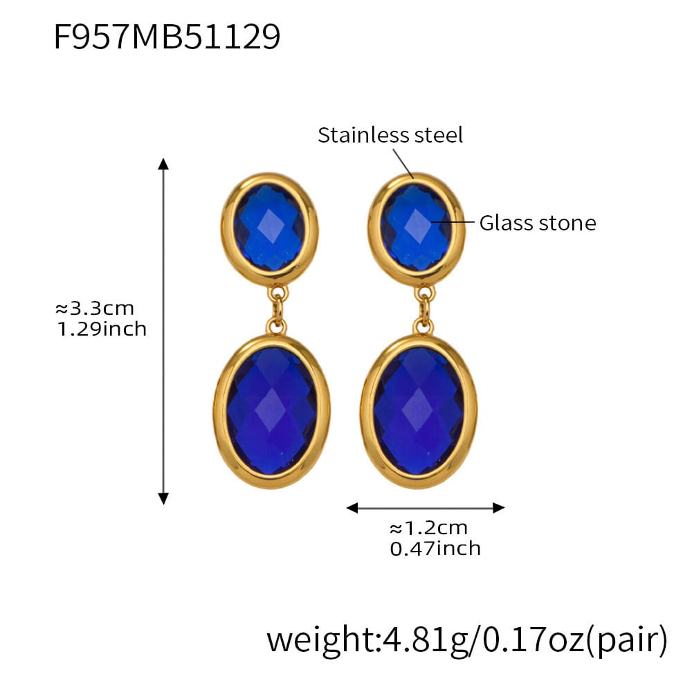 316L stainless steel oval faceted glass drop earrings 18k pvd gold blue