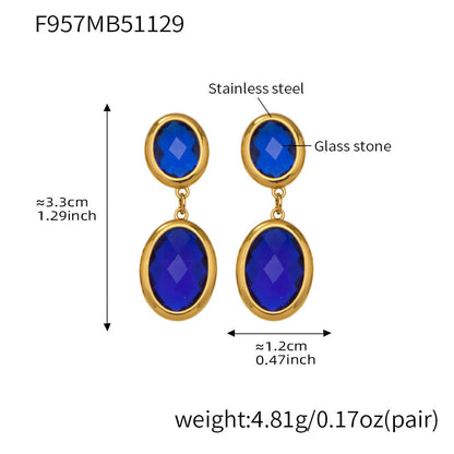 316L stainless steel oval faceted glass drop earrings 18k pvd gold blue