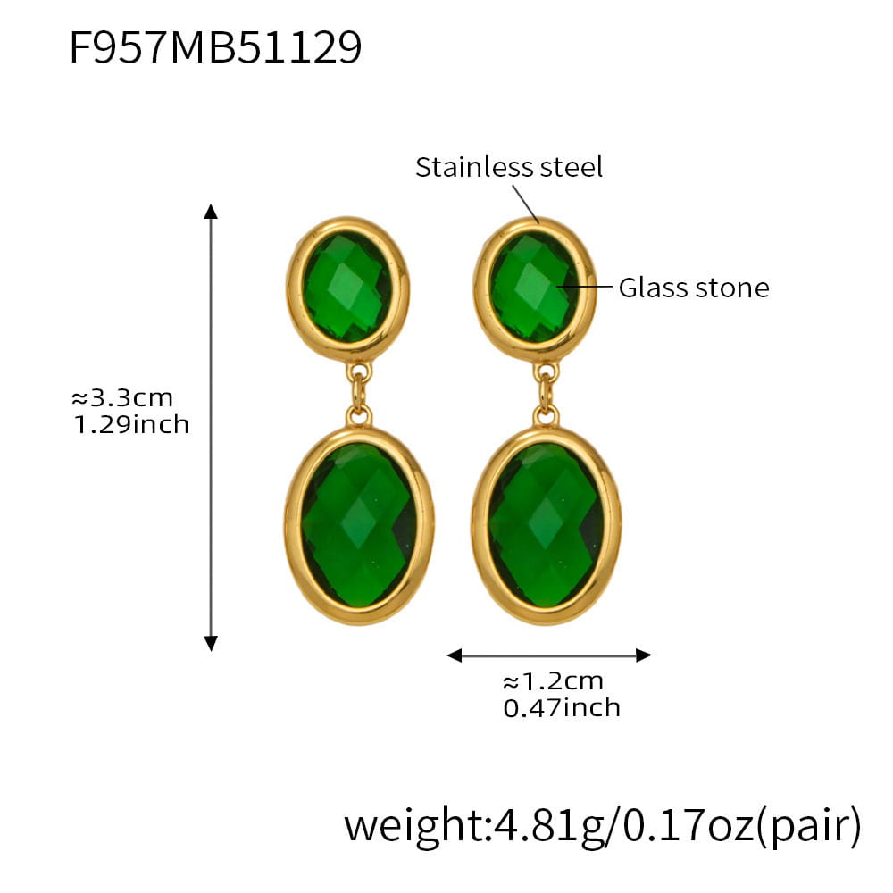 316L stainless steel oval faceted glass drop earrings 18k pvd gold green