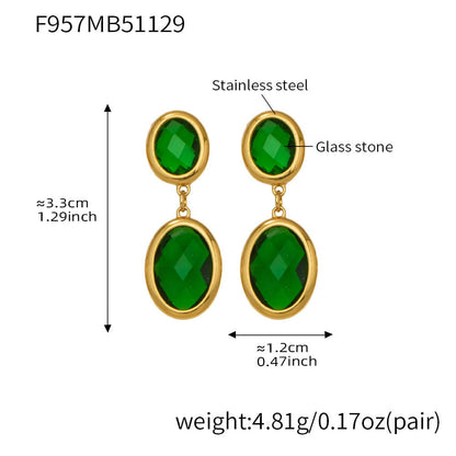 316L stainless steel oval faceted glass drop earrings 18k pvd gold green