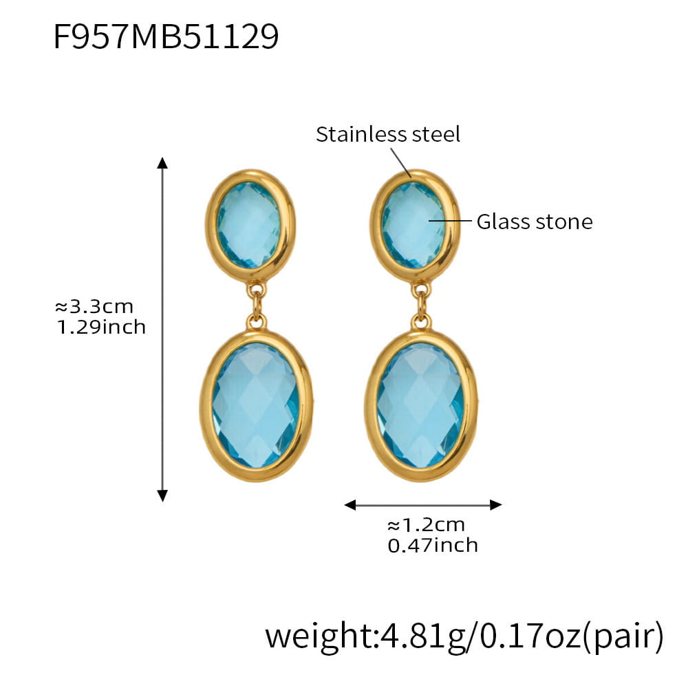 316L stainless steel oval faceted glass drop earrings 18k pvd gold lake blue