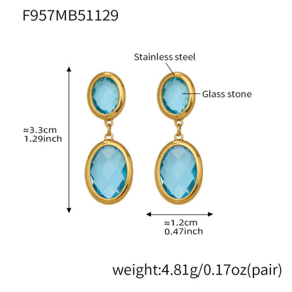 316L stainless steel oval faceted glass drop earrings 18k pvd gold lake blue