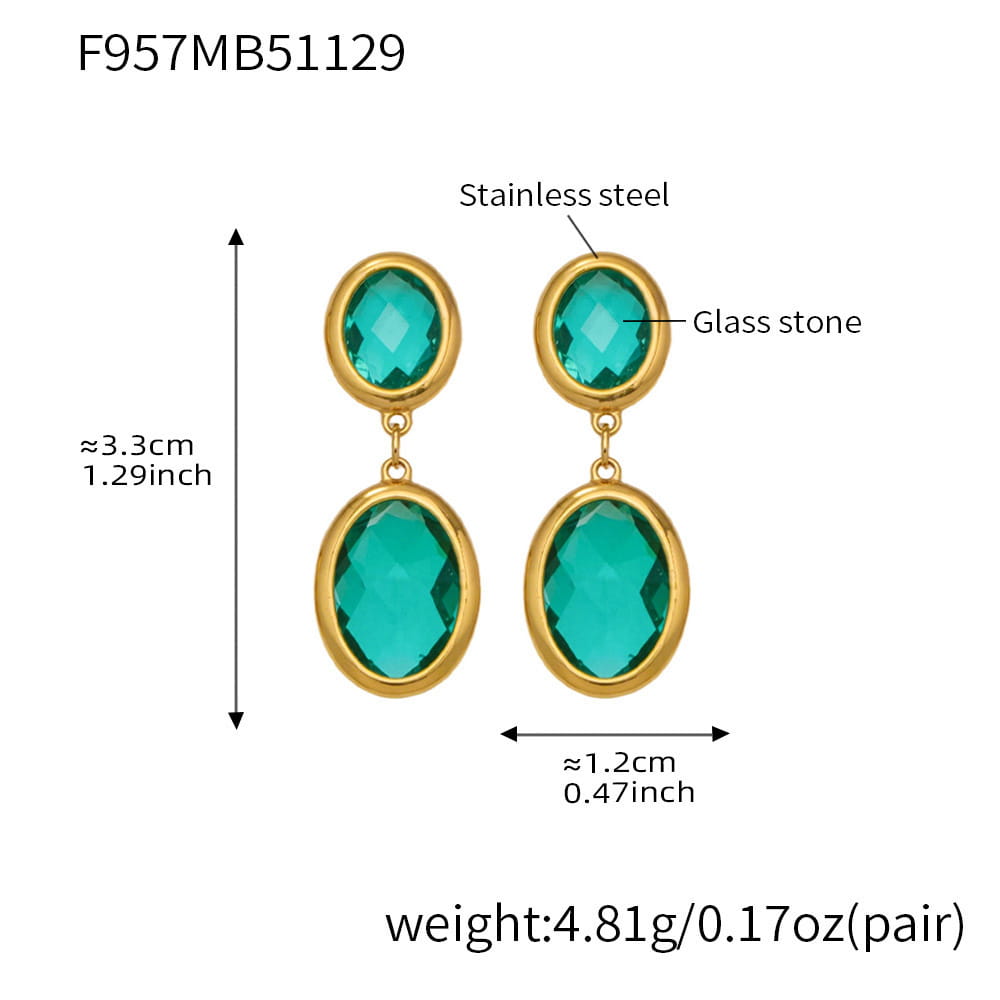 316L stainless steel oval faceted glass drop earrings 18k pvd gold teal
