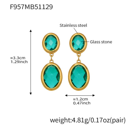 316L stainless steel oval faceted glass drop earrings 18k pvd gold teal