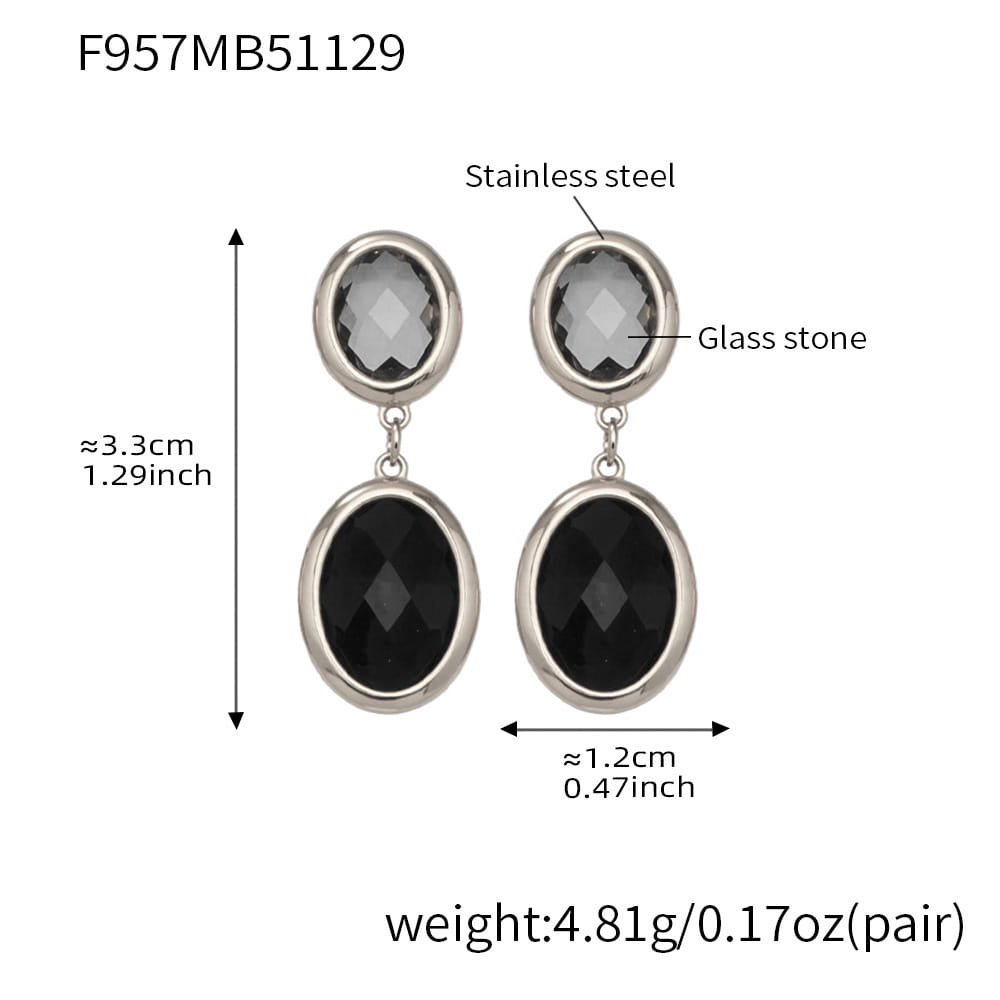 316L stainless steel oval faceted glass drop earrings silver black