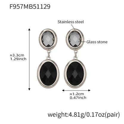 316L stainless steel oval faceted glass drop earrings silver black