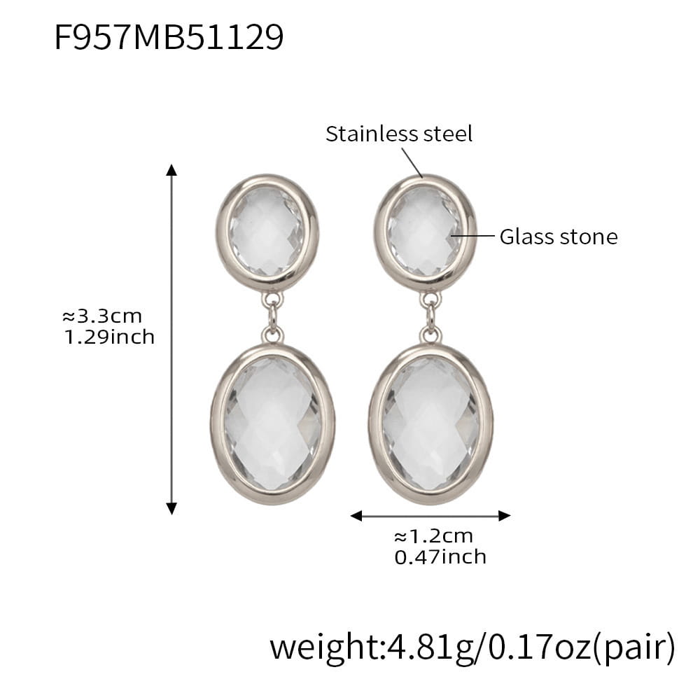 316L stainless steel oval faceted glass drop earrings silver clear