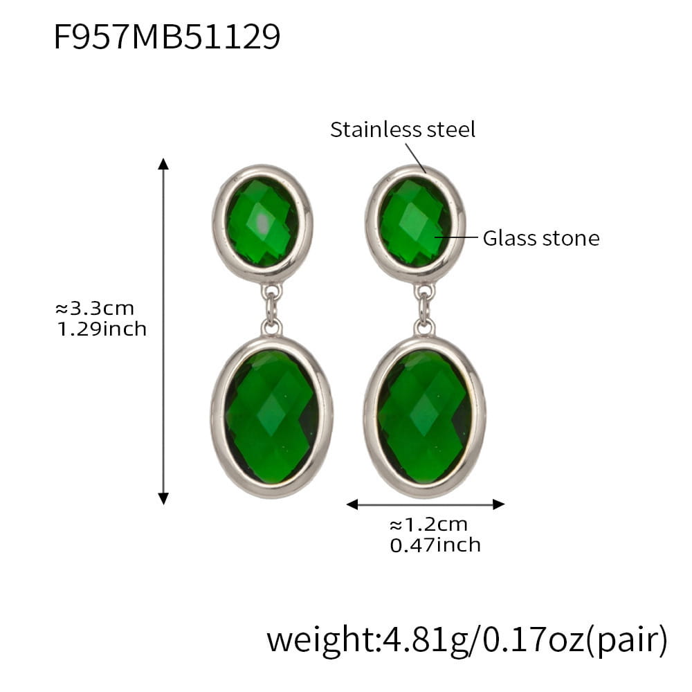 316L stainless steel oval faceted glass drop earrings silver green