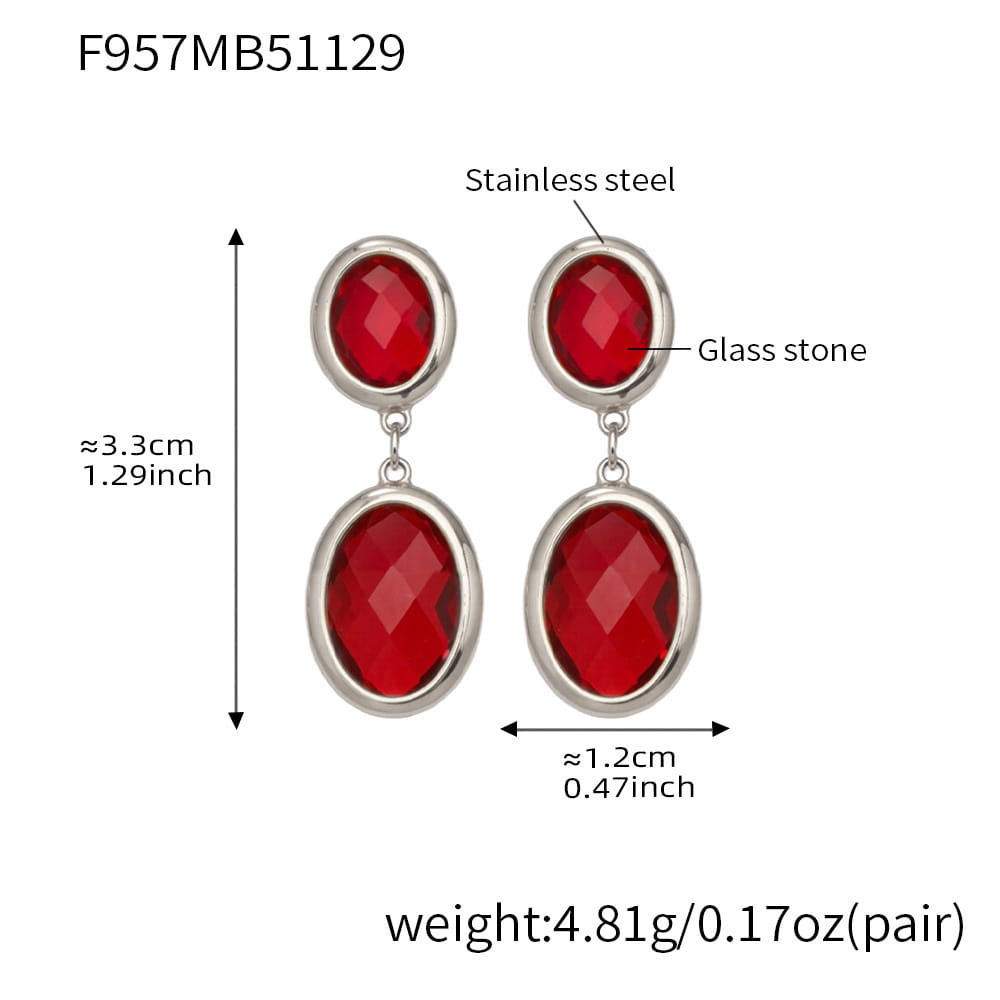 316L stainless steel oval faceted glass drop earrings silver red