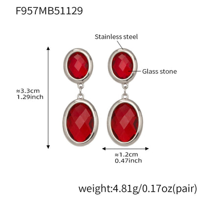 316L stainless steel oval faceted glass drop earrings silver red