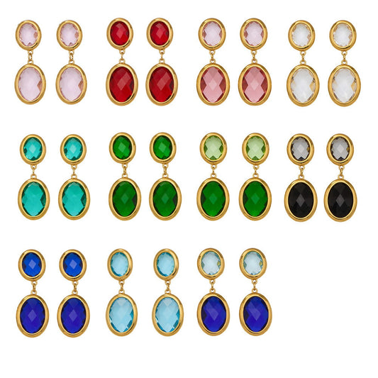 316L stainless steel oval faceted glass stone drop earrings color options gold tone