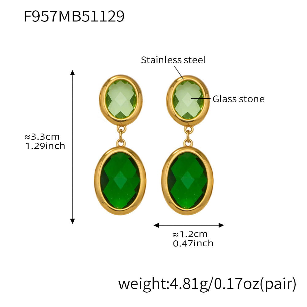 316L stainless steel oval glass stone drop earrings gold green