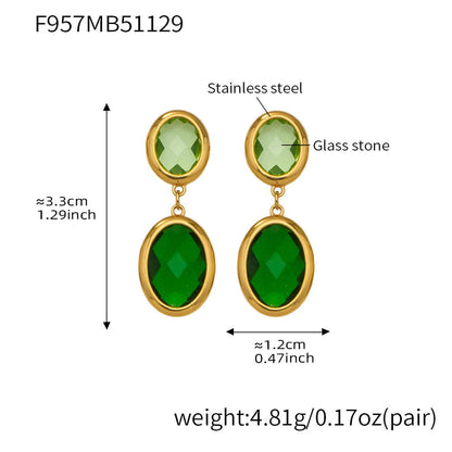 316L stainless steel oval glass stone drop earrings gold green