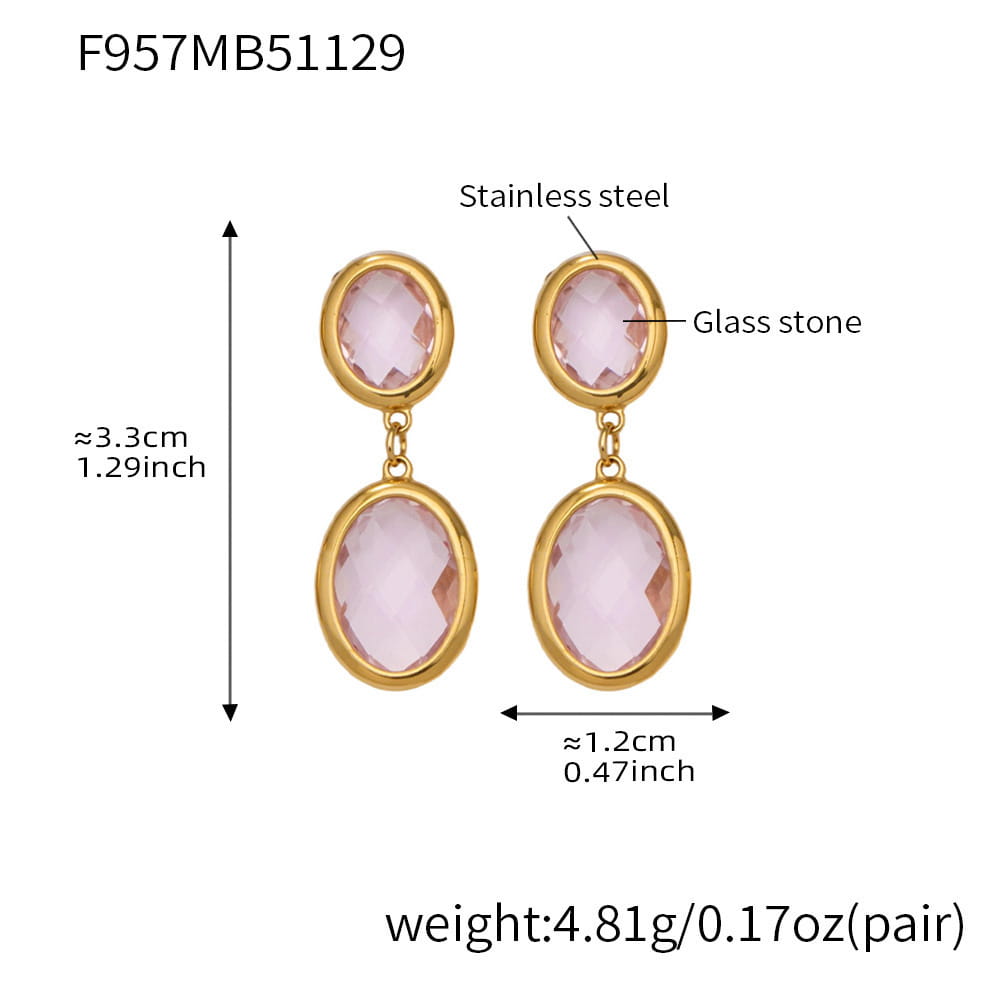 316L stainless steel oval glass stone drop earrings gold pink