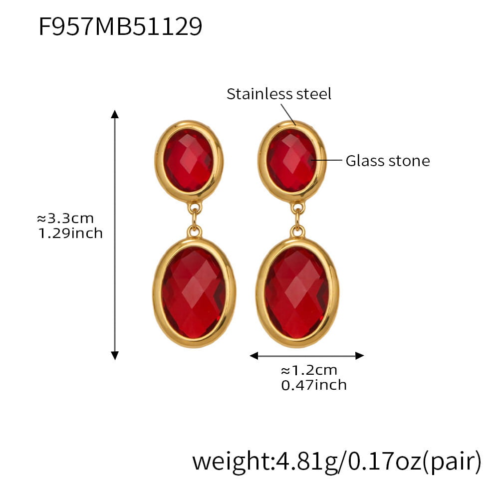 316L stainless steel oval glass stone drop earrings gold red