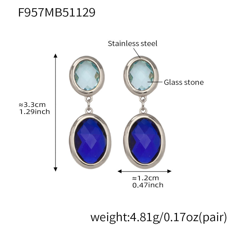 316L stainless steel oval glass stone drop earrings silver blue