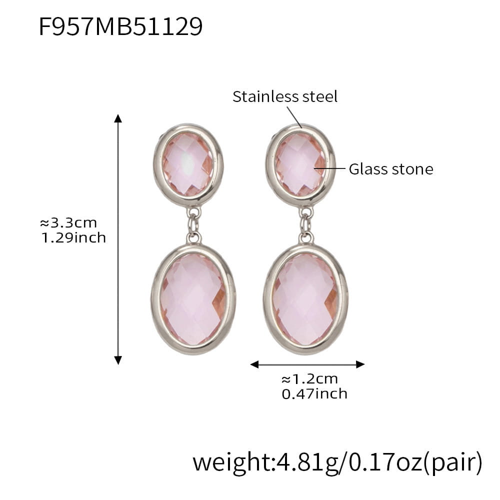 316L stainless steel oval glass stone drop earrings silver pink
