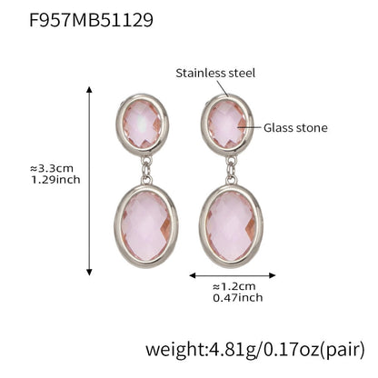 316L stainless steel oval glass stone drop earrings silver pink