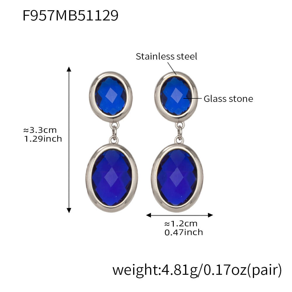 316L stainless steel oval glass stone drop earrings silver royal blue