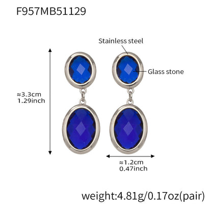 316L stainless steel oval glass stone drop earrings silver royal blue