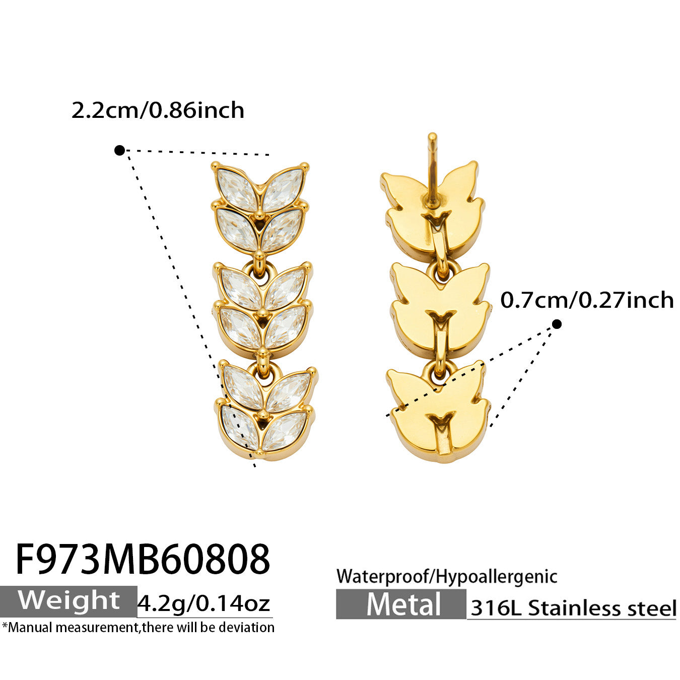 F973 wheat cubic zirconia drop earrings size and product detail guide