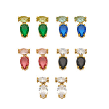 F975 colorful teardrop zircon drop earrings in green, blue, red, black and clear with 18K gold PVD stainless steel settings