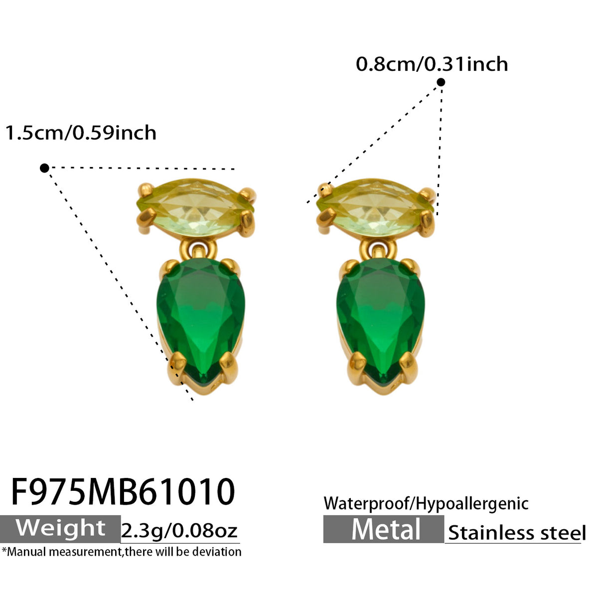Green teardrop zircon earrings dimension guide showing the two-stone silhouette and compact drop size