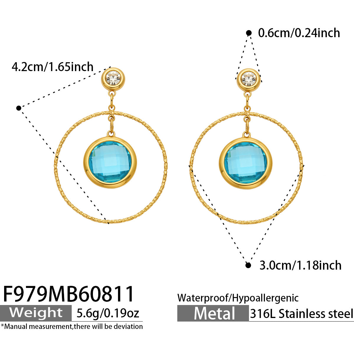 F979 blue glass stone drop earrings size and product detail guide
