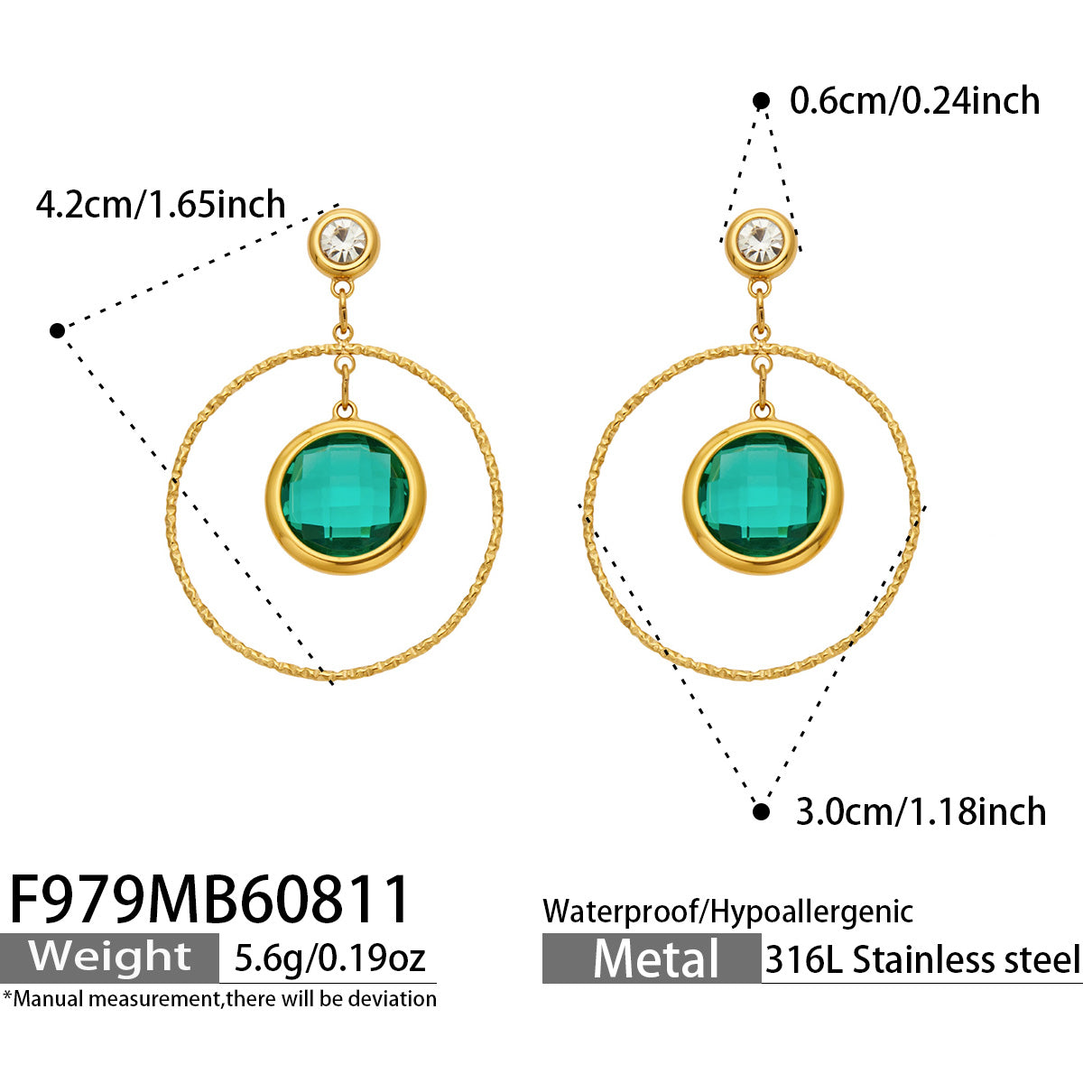 F979 dark green glass stone drop earrings size and product detail guide