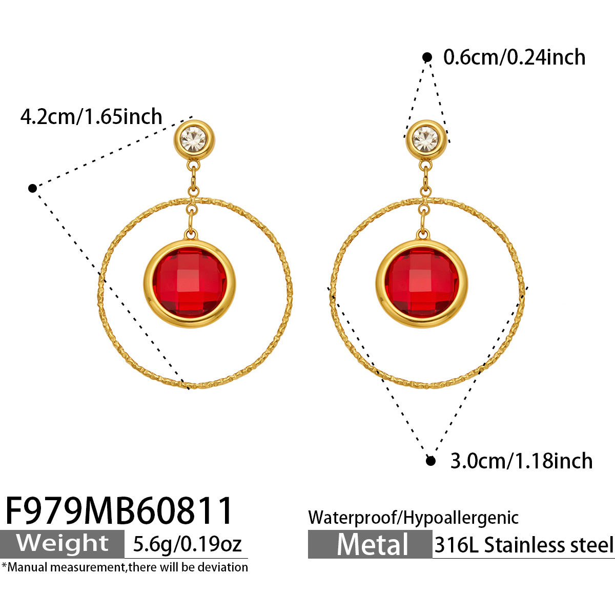 F979 red glass stone drop earrings size and product detail guide