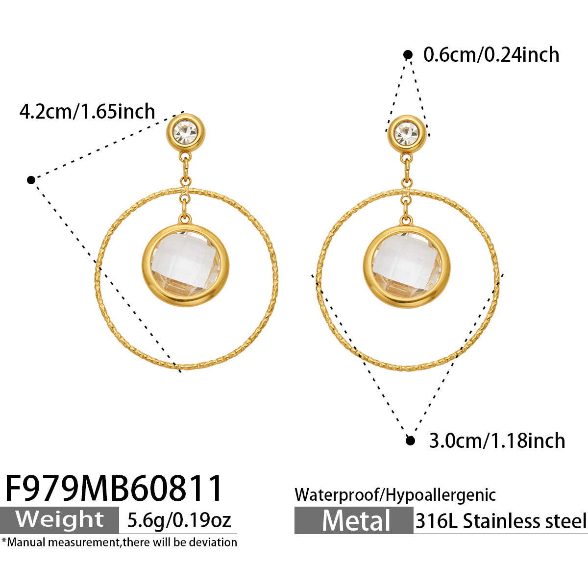 F979 white glass stone drop earrings size and product detail guide