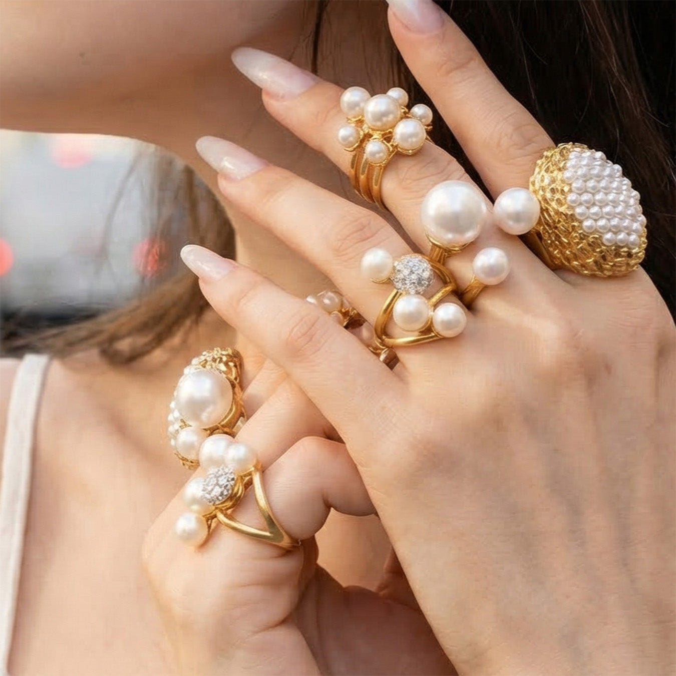 Close-up of multiple faux pearl cocktail and statement rings worn together