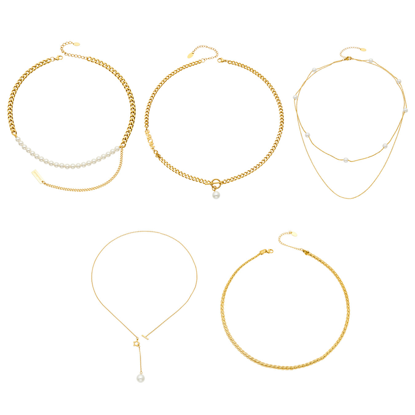 MiduoduoJewelry faux pearl and layered necklace collection with toggle, Y-shaped and geometric gold designs